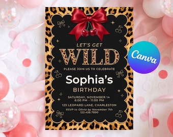Einladungsvorlage für eine ausgelassene Geburtstagsparty | Leoparden-Geburtstagseinladung | Kirsch-Coquette-Geburtstagsparty | Bearbeitbare Canva-Vorlage
