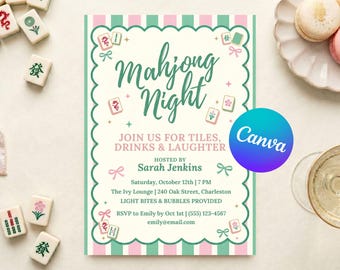 Könnte beinhalten: Eine Mahjong Night-Einladung mit einem rosa und grünen Zickzackrand. Die Einladung enthält den Text "Join us for tiles, drinks & laughter" und Details für die Veranstaltung, die von Sarah Jenkins veranstaltet wird. Das Canva-Logo ist sichtbar.
