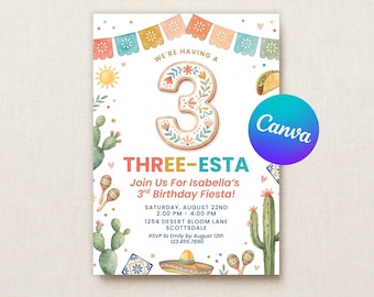 Drei-Esta-Geburtstagseinladung | Fiesta-Einladung zum 3. Geburtstag | Mexikanische Fiesta-Geburtstagsfeier | Bearbeitbare Canva-Vorlage