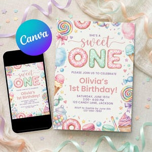 May include: A rectangular birthday invitation card and a smartphone displaying the same design. The invitation features pastel-colored illustrations of donuts, lollipops, ice cream, and candy with the text: She's a sweet ONE, Olivia's 1st Birthday!