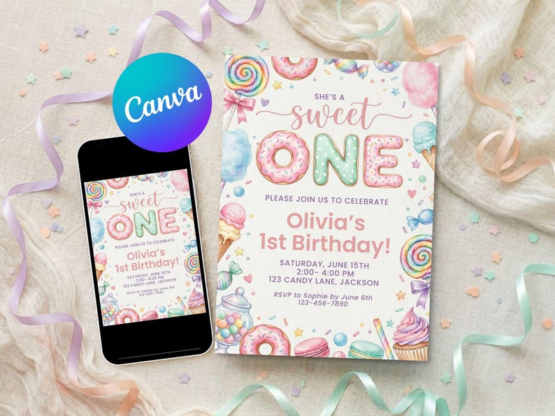May include: A rectangular birthday invitation card and a smartphone displaying the same design. The invitation features pastel-colored illustrations of donuts, lollipops, ice cream, and candy with the text: She's a sweet ONE, Olivia's 1st Birthday!