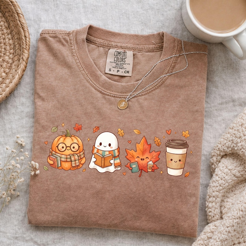 May include: A brown crewneck t-shirt featuring a graphic print of a pumpkin wearing glasses and a scarf, a ghost reading a book, a maple leaf holding a book and coffee, and a coffee cup. The shirt has a Comfort Colors label at the neck.