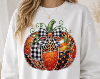 Halloween-Kürbis (PNG) | Glamouröser Patchwork-Kürbis mit Schleife | Sublimationsdesign mit Strass-Imitat | PNG-Download für ein exklusives Herbst-Shirt