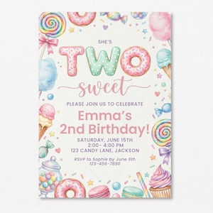 Two Sweet Birthday Invitation Template | Sweet Treat Birthday Invite | Candy Donut Dessert Party | 2nd Birthday Girl Editable Invite