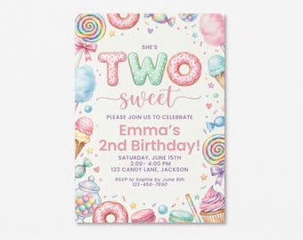 Two Sweet Birthday Invitation Template | Sweet Treat Birthday Invite | Candy Donut Dessert Party | 2nd Birthday Girl Editable Invite