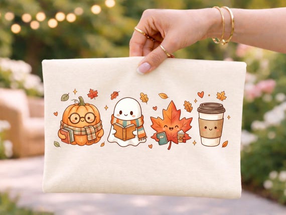 Cozy Fall Book Club Clipart PNG | Autumn Watercolor Pumpkin Ghost Coffee Cup | Cute Kawaii Reading Friends | Transparent PNG