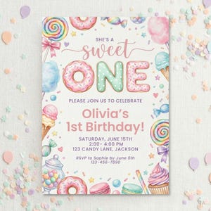 May include: A rectangular birthday invitation card featuring watercolor illustrations of donuts, lollipops, ice cream, and candy. The text reads: She's a sweet ONE, Olivia's 1st Birthday, Saturday, June 15th, 2:00-4:00 PM, 123 Candy Lane, Jackson, RSVP to Sophie by June 6th 123-456-7890.
