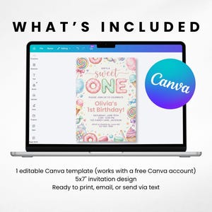 May include: A laptop screen displaying an editable 5x7 inch invitation template with a candy-themed design. The invitation features the text 'She's a sweet ONE', 'Olivia's 1st Birthday', and event details surrounded by colorful illustrations of donuts, ice cream, and lollipops.