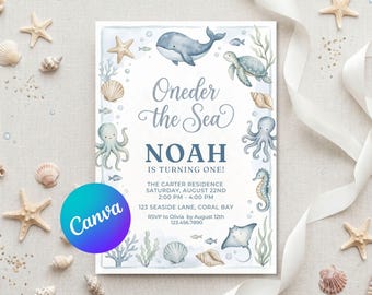 Oneder the Sea Geburtstagseinladungsvorlage | Bearbeitbare Canva-Einladung | 1. Geburtstag für Jungen | Ozean-Thema | Unterwasserwelt | Sofort-Download