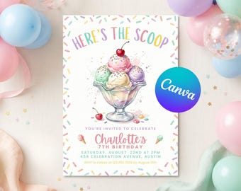Ice Cream Birthday Invitation Template | Here's the Scoop Birthday Invite | Editable Canva Template, Sweet Treat Party