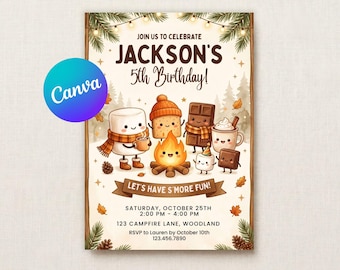 Lagerfeuer Geburtstagseinladung Vorlage | S'mores Geburtstag einladen | Camping Geburtstag | Marshmallow Campout Party | Bearbeitbar Einladen