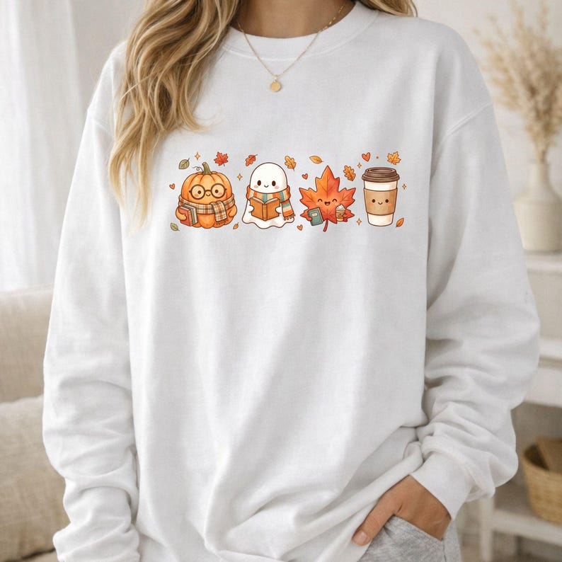 May include: A white crewneck sweatshirt featuring a central graphic print of a cartoon pumpkin wearing glasses and a scarf, a ghost reading a book, a maple leaf, and a coffee cup, all surrounded by small scattered autumn leaves and hearts.