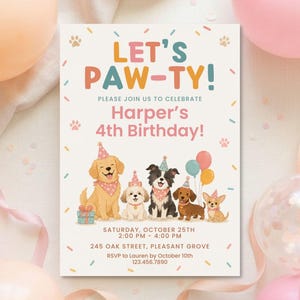 Let's Paw-ty Birthday Invitation Template | Dog Birthday Party Invite | Girl 4th Birthday | Editable Canva Invitation | Puppy Party