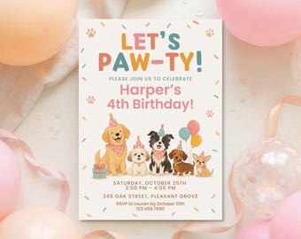 Let's Paw-ty Geburtstagseinladungsvorlage | Hund-Geburtstags-Party einladen | Mädchen 4. Geburtstag | Bearbeitbare Canva Einladung | Welpen-Party