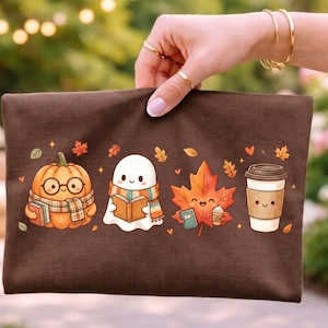 Cozy Fall Book Club Clipart PNG | Autumn Watercolor Pumpkin Ghost Coffee Cup | Cute Kawaii Reading Friends | Transparent PNG image 7