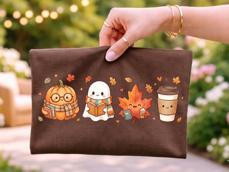 Cozy Fall Book Club Clipart PNG | Autumn Watercolor Pumpkin Ghost Coffee Cup | Cute Kawaii Reading Friends | Transparent PNG image 7