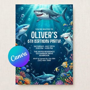 May include: A rectangular birthday party invitation featuring a deep blue underwater scene with sharks, colorful coral, and bubbles. The text reads: YOU'RE INVITED TO OLIVER'S 6TH BIRTHDAY PARTY! SATURDAY, JULY 25TH 2:00 PM - 4:00 PM THE HAYES RESIDENCE 123 HARBOR DRIVE SEABROOK RSVP to Lauren by July 18th (123) 456-7890.