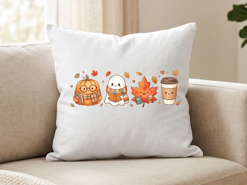 Cozy Fall Book Club Clipart PNG | Autumn Watercolor Pumpkin Ghost Coffee Cup | Cute Kawaii Reading Friends | Transparent PNG image 10