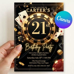 May include: A black and gold invitation for a 21st birthday party. The invitation features poker-themed graphics, including playing cards, dice, and poker chips. The text reads "You're Invited to Carter's 21st Birthday Party."