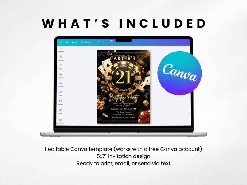 Casino Night Birthday Invitation Template | Poker Party Invite | 21st Birthday Invite | Editable Canva Invitation image 3