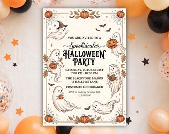 Gruselige Halloween-Einladungsvorlage | Bearbeitbare Geisterparty-Einladung | Druckbare Canva-Geburtstagseinladung