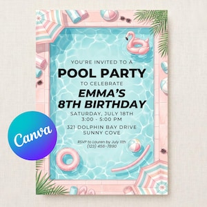May include: A pool party invitation for Emma's 8th birthday on July 18th, featuring a light blue swimming pool illustration with pink pool floats, beach balls, umbrellas, and palm leaves. The text includes event details, address, and RSVP info.
