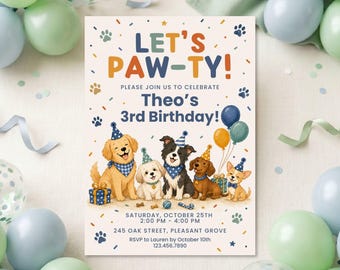 Hund Geburtstagseinladung | Lasst uns Pawty Welpen Party | Bearbeitbare Canva Download