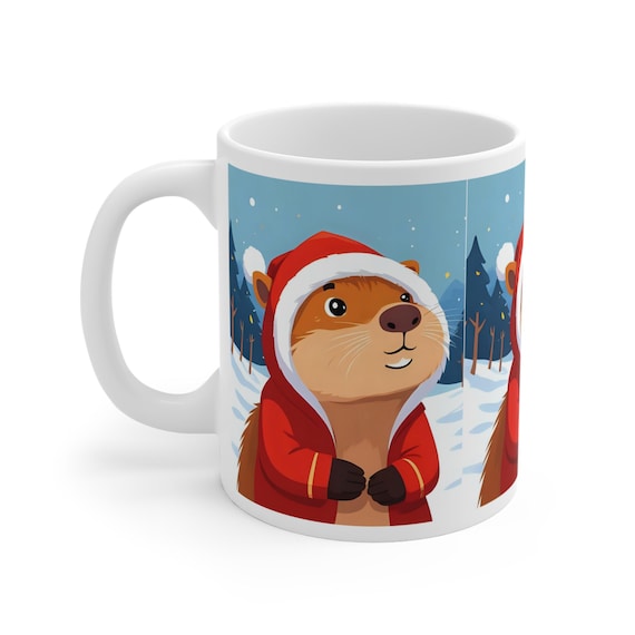 Capybara in Santa Coat Mug | Christmas Winter Forest