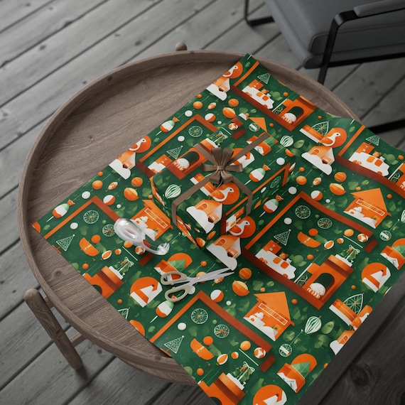 Retro Holiday Village Wrapping Paper | Green Orange Christmas Pattern