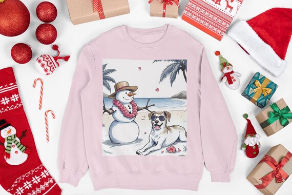 Beach Snowman with Dog sweatshirt | Holiday Coastal Scene