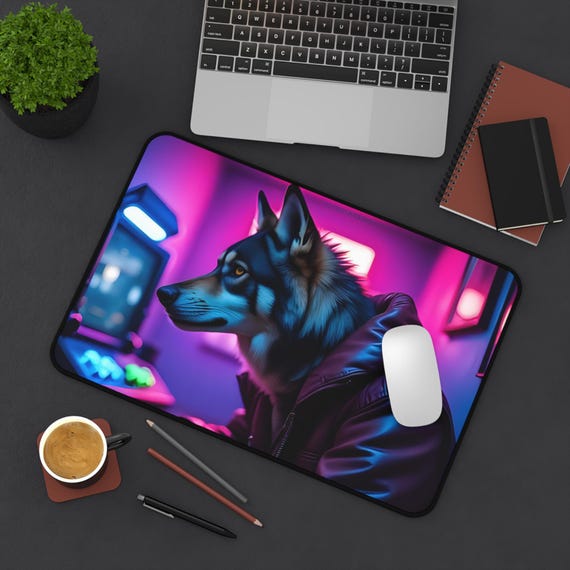 Cyberpunk Husky Desk Mat | Neon Gaming Mouse Pad, Retro Arcade Studio