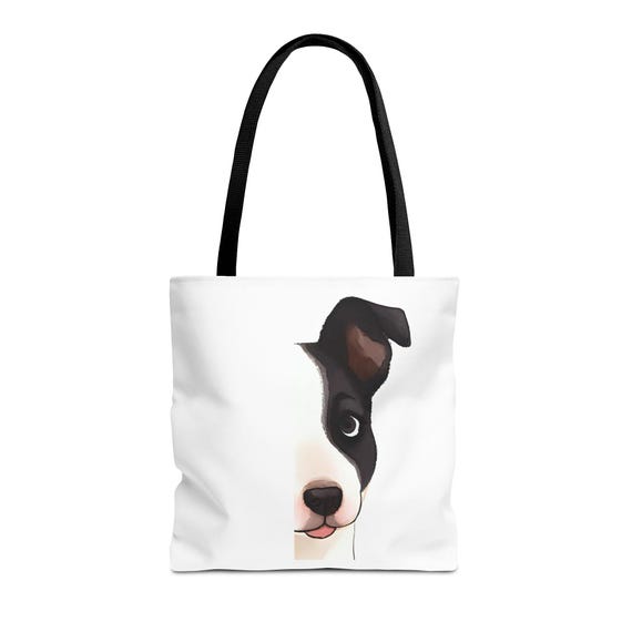 Puppy Face Print Tote Bag | Black and White Dog Illustration