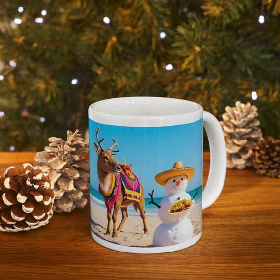 Beach Snowman & Reindeer Ceramic Mug | Summer Christmas