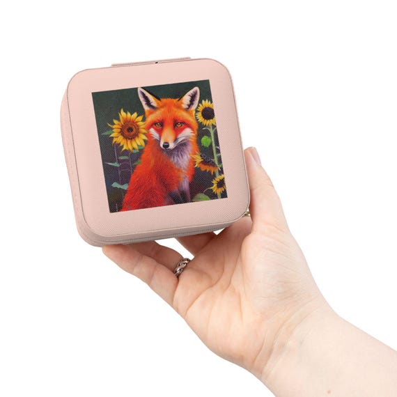 Fox with Sunflowers Jewelry Travel Case | Compact Square Organizer