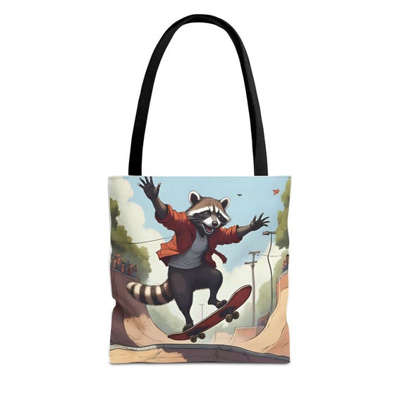 Skateboarding Raccoon Tote Bag | Stylized Animal Illustration