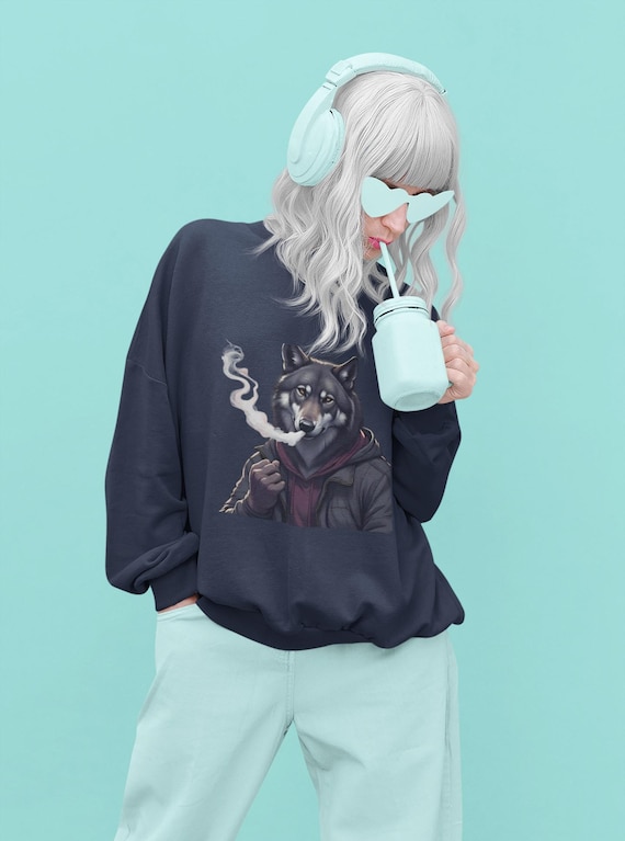 Smoking Wolf Portrait Sweatshirt | Urban Anthro Wolf Illustration