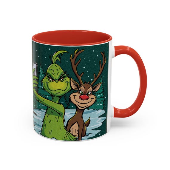Grinch and Rudolph Selfie Accent Coffee Mug | Holiday Christmas Mug