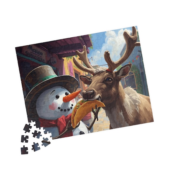 Snowman and Reindeer Sharing Carrot Puzzle | Holiday Winter Scene 252-520-1014 pc
