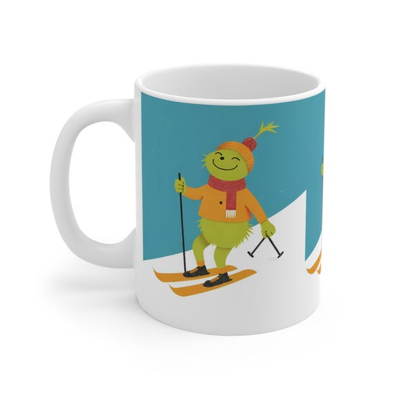 Smiling Skiing Grinch Mug | 11oz Christmas Holiday Winter Skiing Character