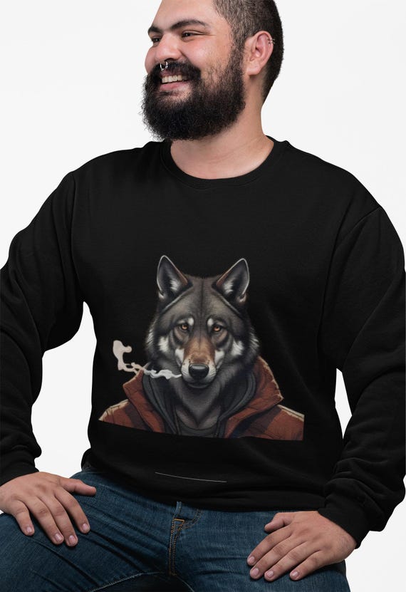 Smoking Wolf Hoodie-style Sweatshirt | Anthropomorphic Wolf Smoking Art