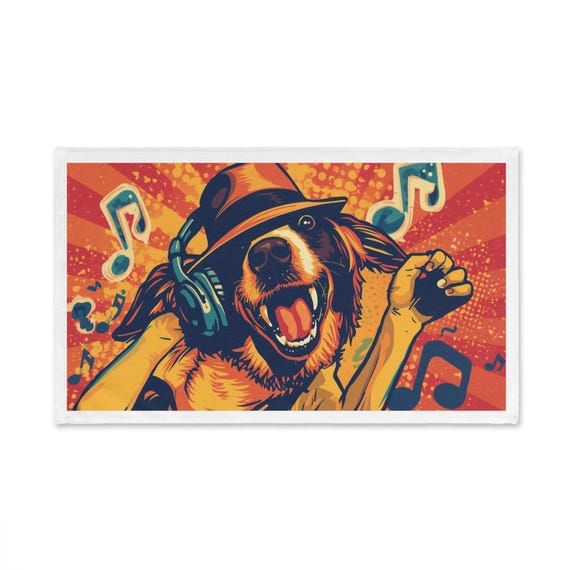 Dancing Dog with Headphones Towel | Music Notes, Retro Pop Art
