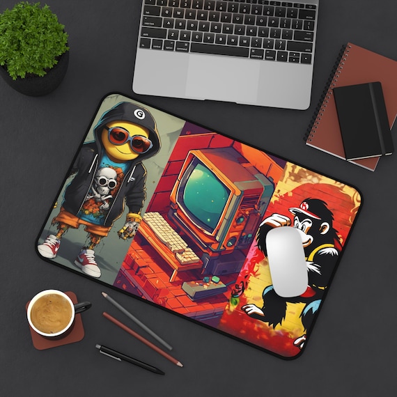 Retro Gamer Collage Desk Mat | Vintage Computer, Arcade Ape & Cool Character