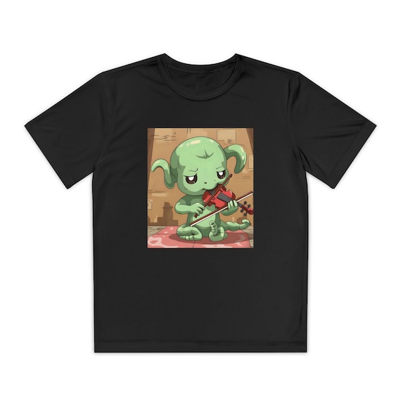 Chibi Cthulhu Playing Violin Tee | Cute Cartoon Kid Music Shirt