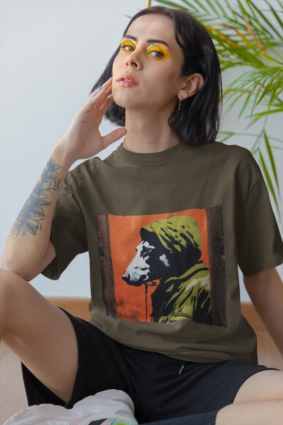 Dog-Head Figure Crew Tee | Street Art Portrait, Orange Background