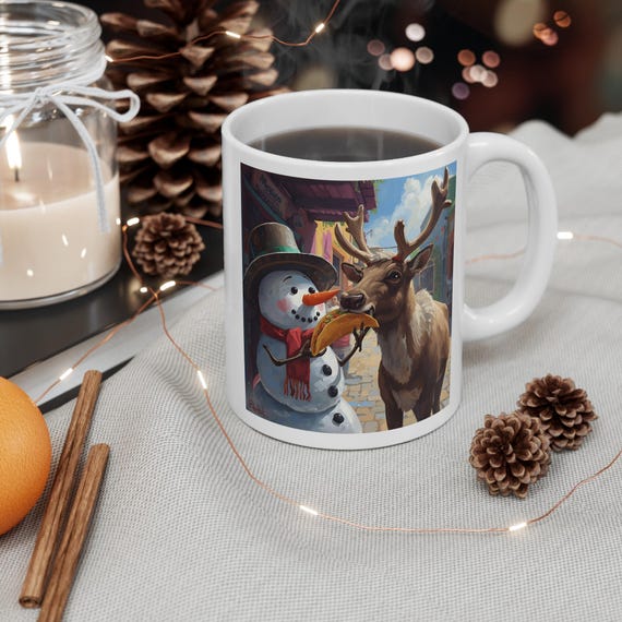 Snowman and Reindeer Taco Christmas Mug, Winter Village Holiday Scene