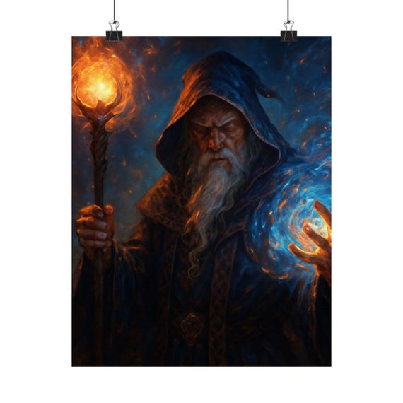 Arcane Wizard Matte Vertical Poster | Fantasy Mage Artwork, Magic Staff Wall Art