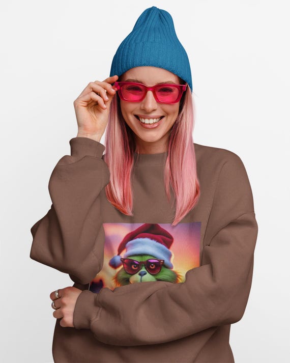 Grinch with Santa Hat Crewneck Sweatshirt | Holiday Sunset Cat Design