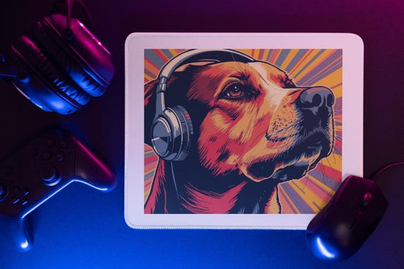 Retro Headphones Dog Non-Slip Gaming Mouse Pad | Colorful Pop Art Pup