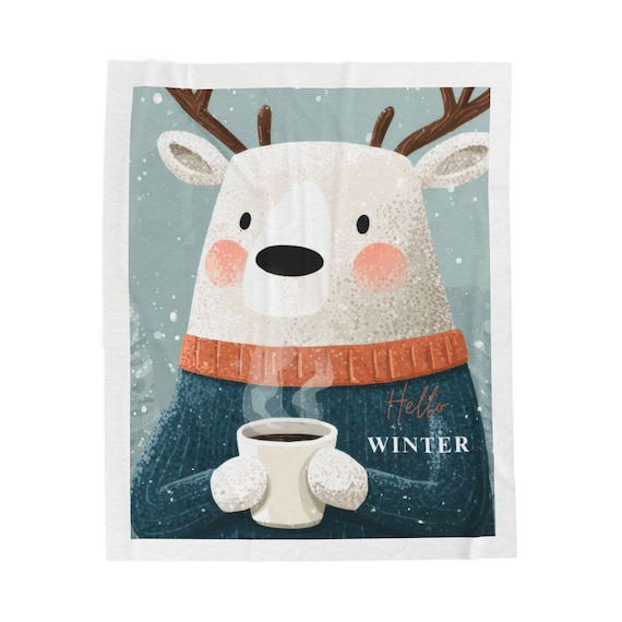 Cozy Reindeer with Hot Cocoa Velveteen Plush Blanket | Winter Lodge Decor