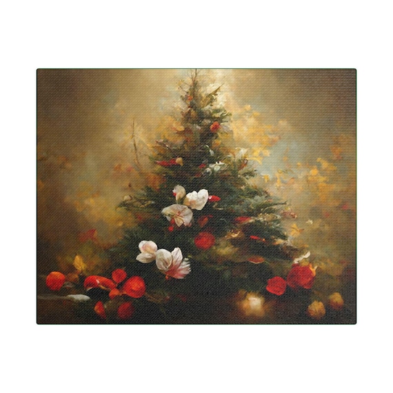 Vintage Floral Christmas Tree Satin Canvas Stretched